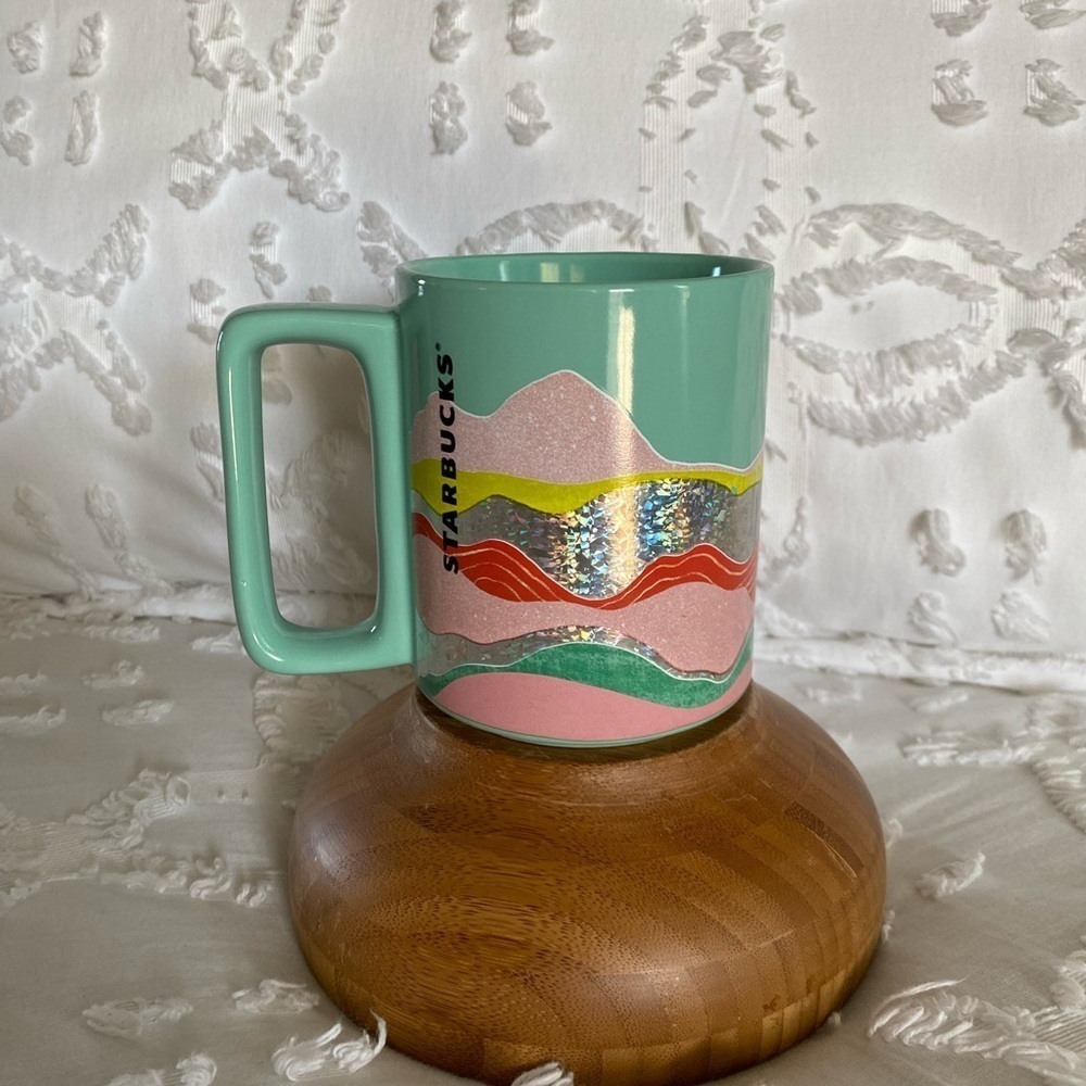 Starbucks Earth Rock Layers Teal Silver Wave Mountain Landscape Coffee Mug 12 oz